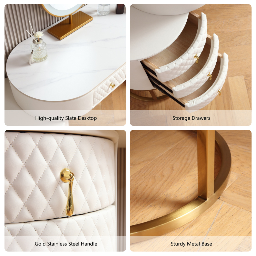 FUKAYI Modern Makeup Vanity - Vanity Desk with Mirror and Lights Stool, Make Up Vanity Station with 5 Drawers, Vanity Table Set, Gift for Her