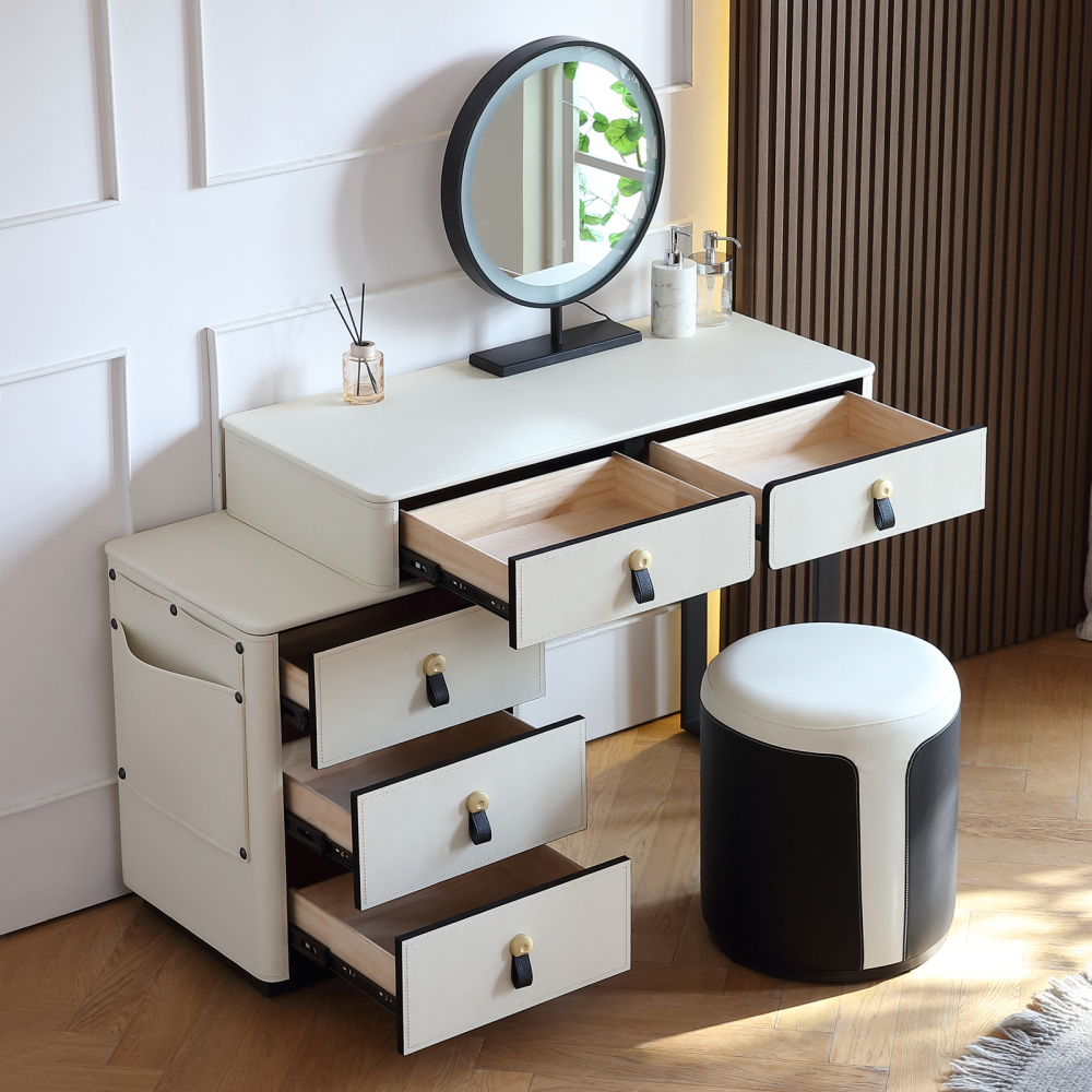 FUKAYI Faux Saddle Leather Makeup Vanity Desk Set with 5 Drawers & Side Storage Bag Dressing Table with Lighted Mirror, White