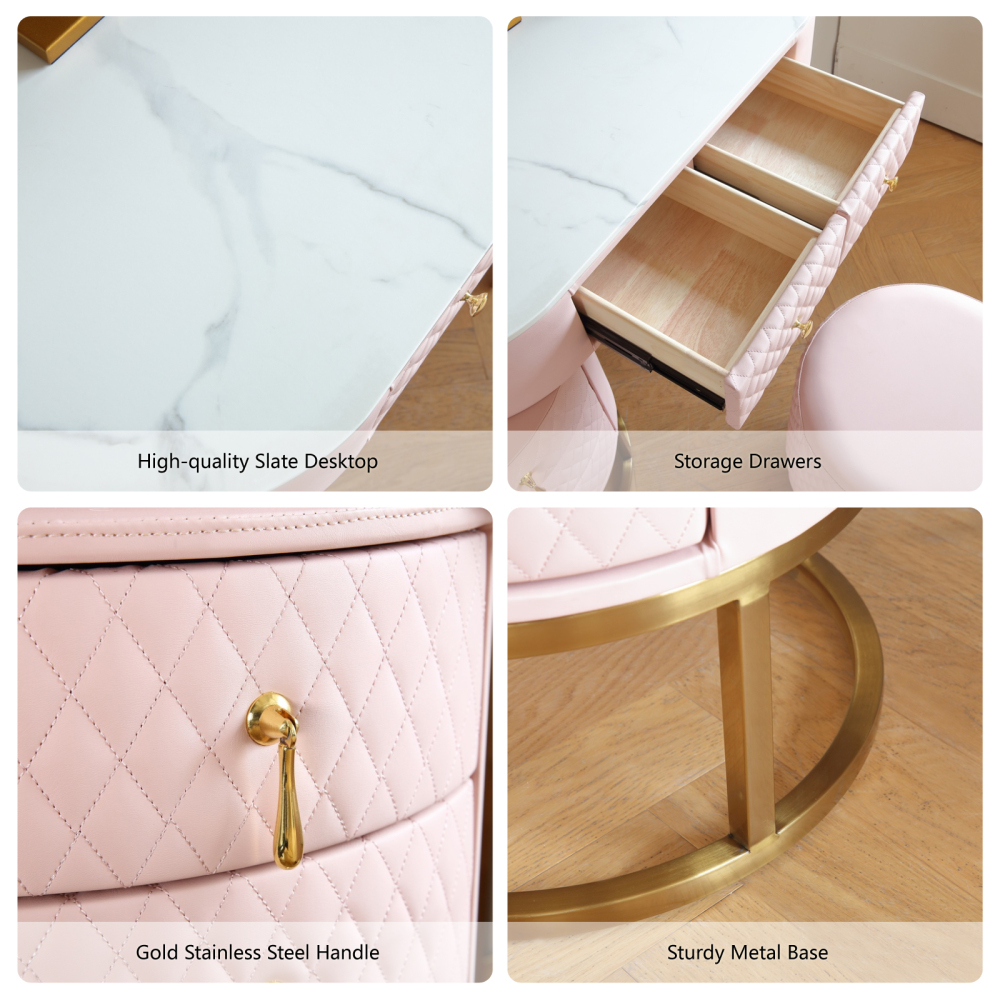 FUKAYI Modern Makeup Vanity - Vanity Desk with Mirror and Lights Stool, Make Up Vanity Station with 5 Drawers, Vanity Table Set, Gift for Her