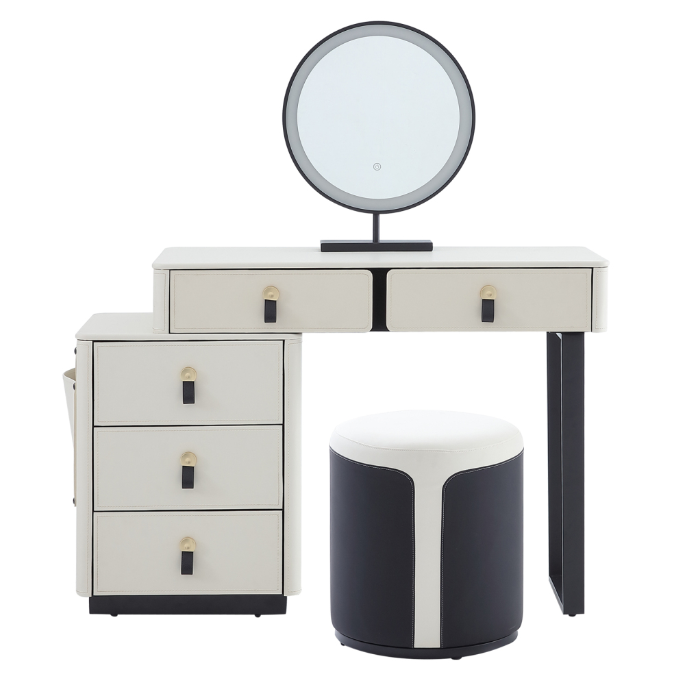 FUKAYI Faux Saddle Leather Makeup Vanity Desk Set with 5 Drawers & Side Storage Bag Dressing Table with Lighted Mirror, White