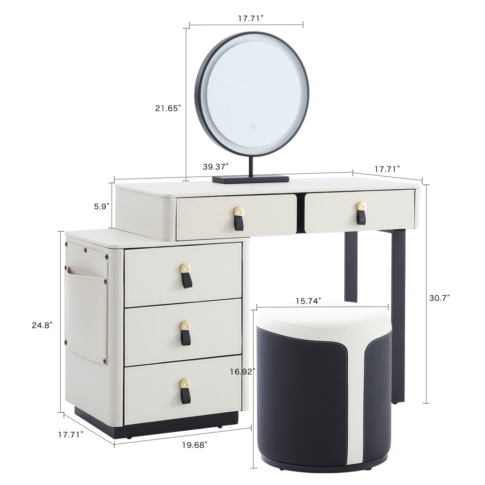 FUKAYI Faux Saddle Leather Makeup Vanity Desk Set with 5 Drawers & Side Storage Bag Dressing Table with Lighted Mirror, White