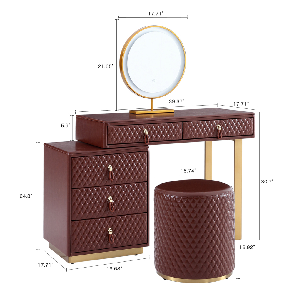 FUKAYI Oil Waxed Leather Makeup Vanity Desk Set with 5 Drawers & Stool Dressing Table with Lighted Mirror, Brown