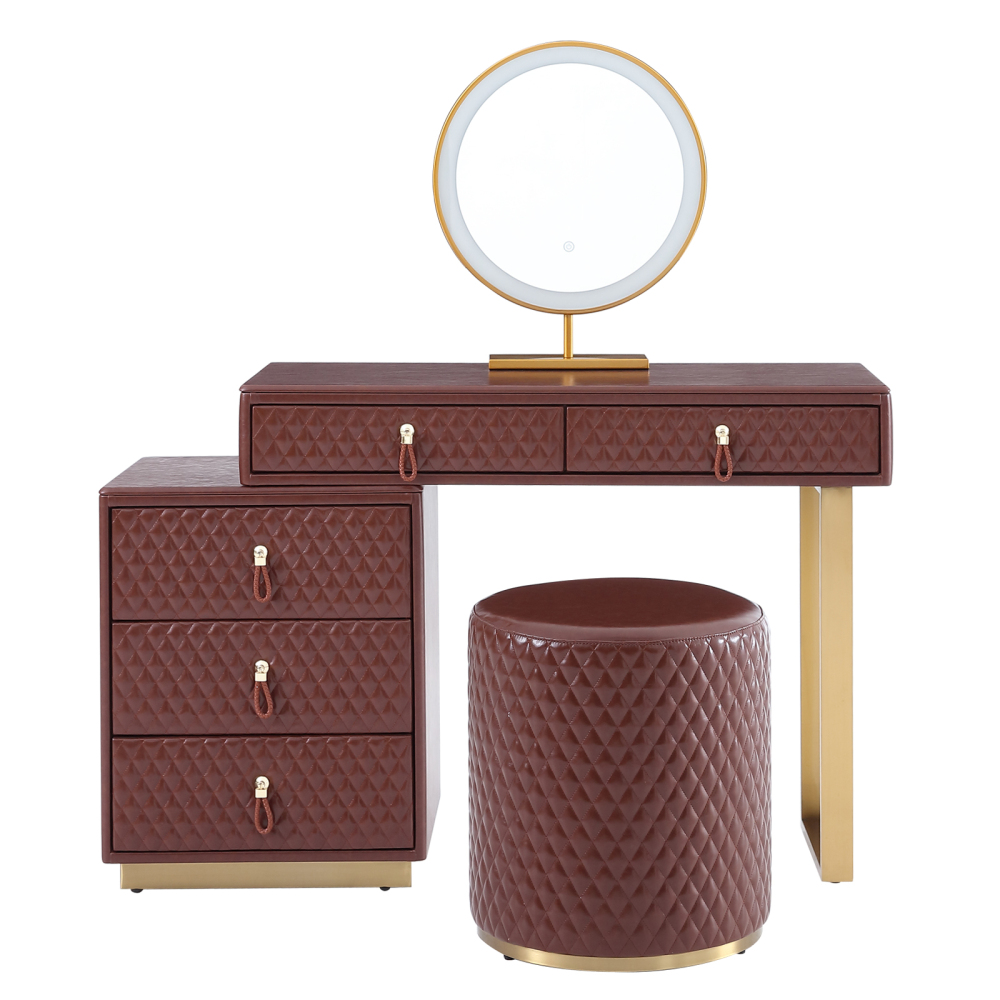 FUKAYI Oil Waxed Leather Makeup Vanity Desk Set with 5 Drawers & Stool Dressing Table with Lighted Mirror, Brown