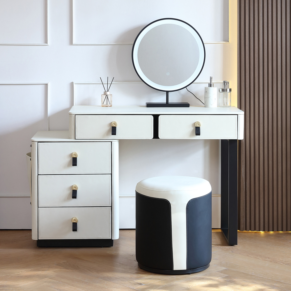FUKAYI Faux Saddle Leather Makeup Vanity Desk Set with 5 Drawers & Side Storage Bag Dressing Table with Lighted Mirror, White
