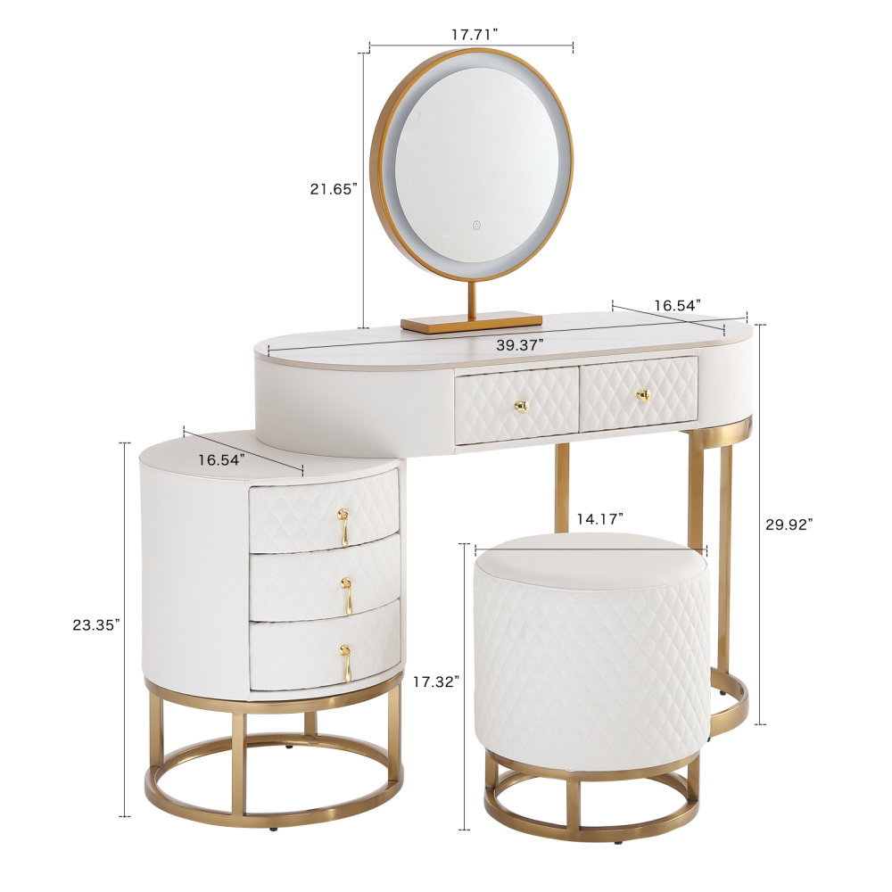 FUKAYI Modern Makeup Vanity - Vanity Desk with Mirror and Lights Stool, Make Up Vanity Station with 5 Drawers, Vanity Table Set, Gift for Her