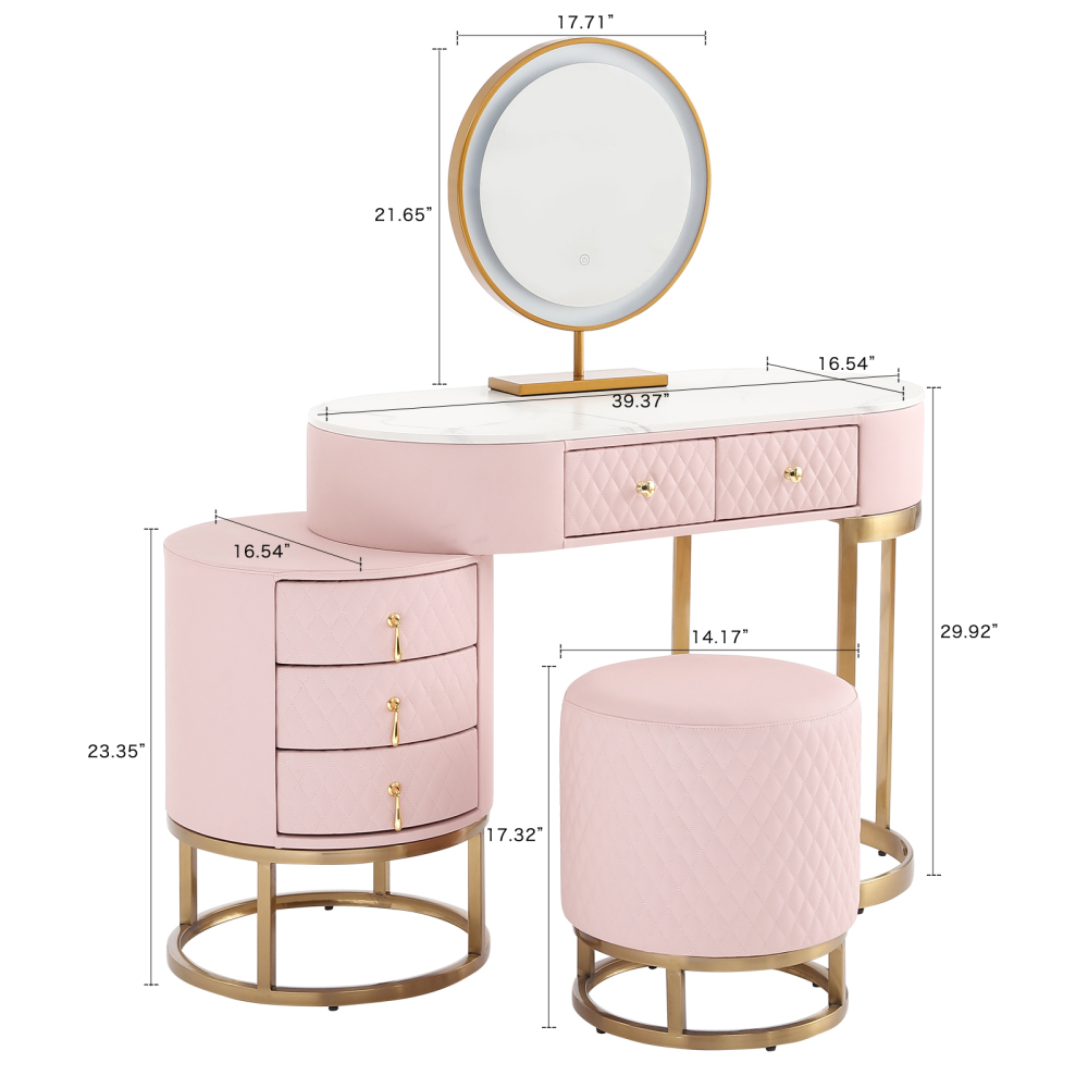 FUKAYI Modern Makeup Vanity - Vanity Desk with Mirror and Lights Stool, Make Up Vanity Station with 5 Drawers, Vanity Table Set, Gift for Her