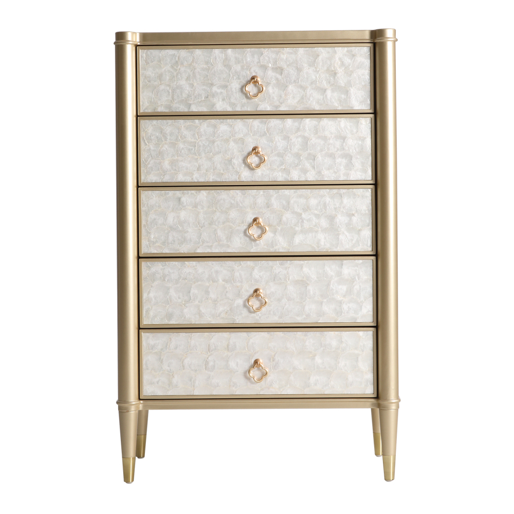 FUKAYI Mother of Pearl Inlay Tall Dresser for Bedroom with 5 Drawers Chest of Drawers Storage Tower Organizer Dresser for Living Room, Hallway, Entryway, Closets, Champagne