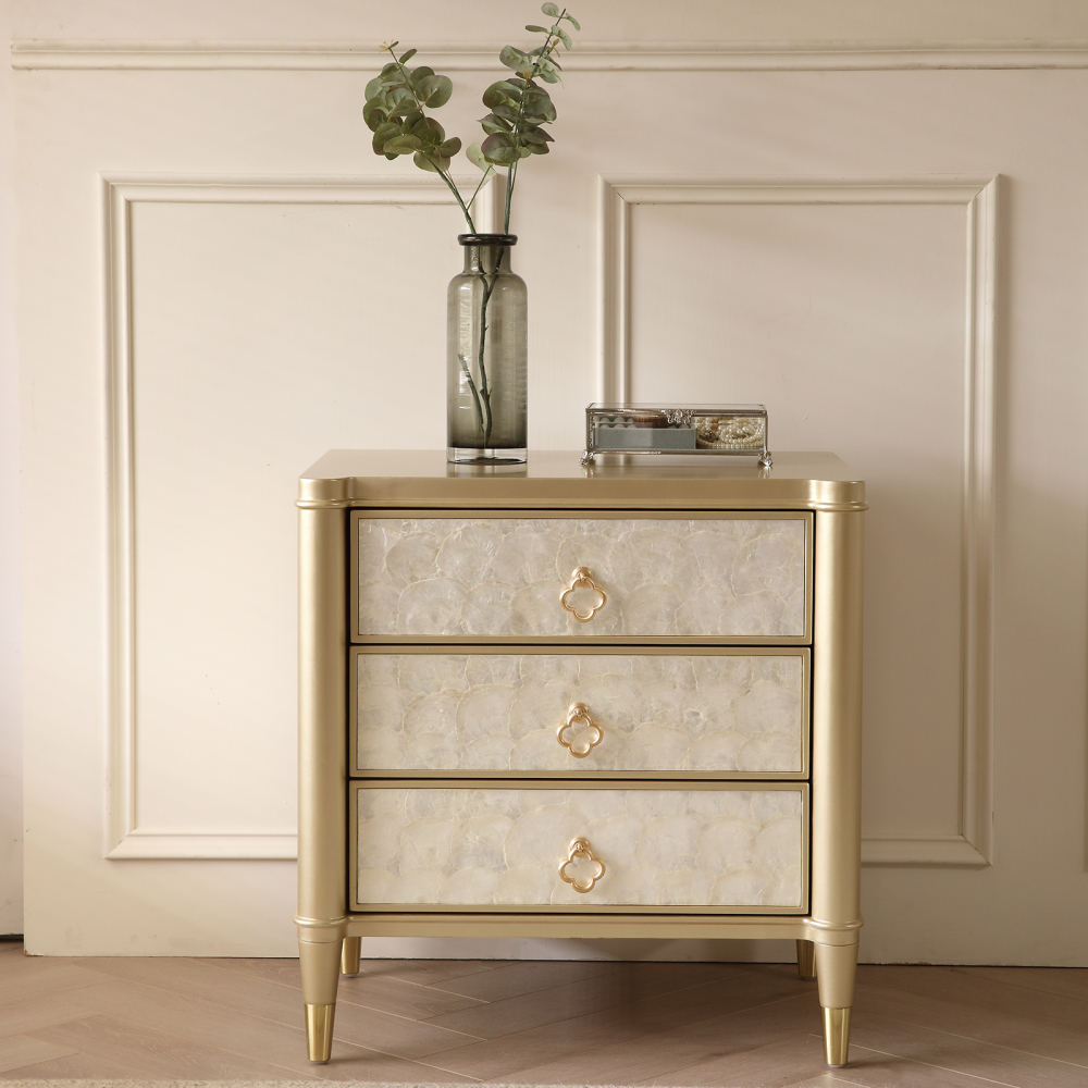 FUKAYI Luxury Nightstand with 3 Storage Drawers Mother of Pearl Inlay Bedside Table Night Stand for Bedroom End Table Side Table for Living Room, Entryway, Champagne