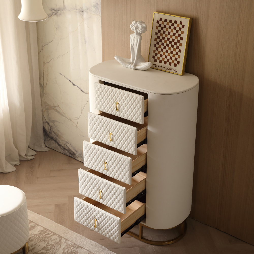 FUKAYI Faux Leather Tall Dresser for Bedroom with 5 Drawers Chest of Drawers Storage Tower Organizer Dresser for Living Room, Hallway, Entryway, Closets, White