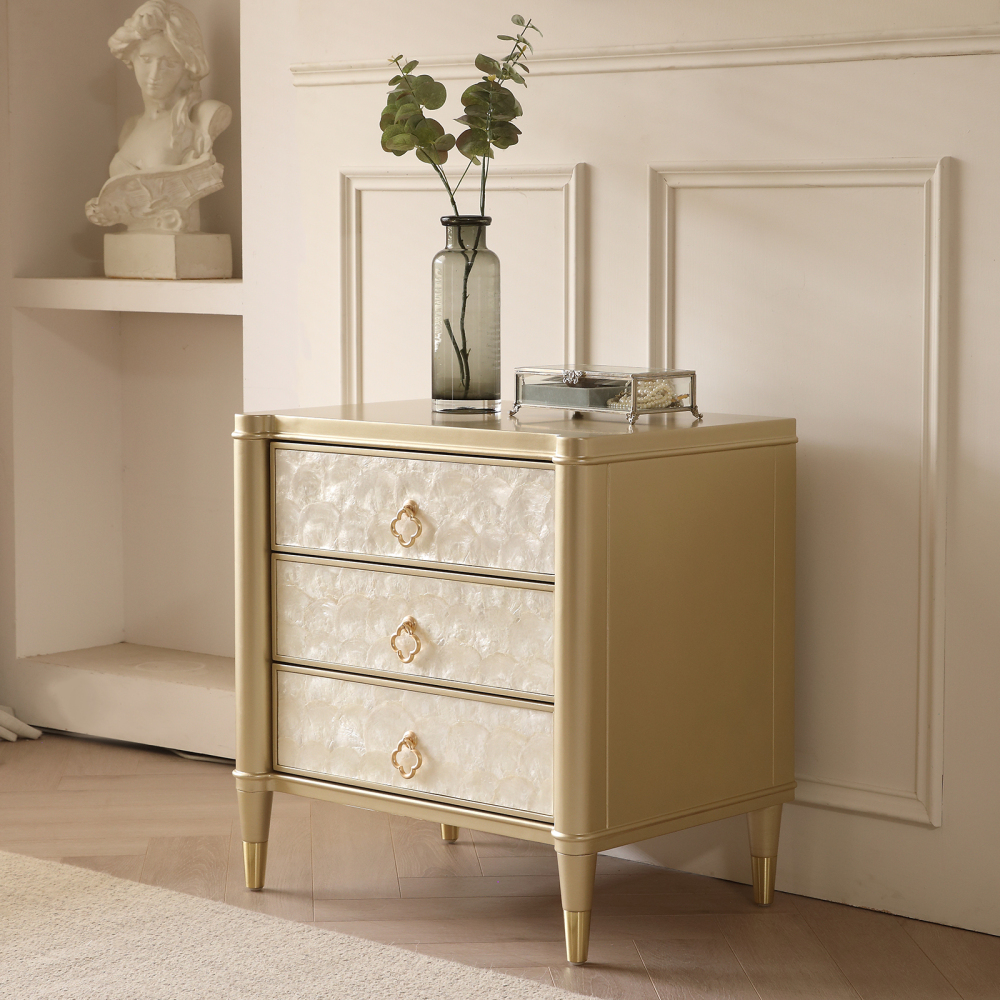 FUKAYI Luxury Nightstand with 3 Storage Drawers Mother of Pearl Inlay Bedside Table Night Stand for Bedroom End Table Side Table for Living Room, Entryway, Champagne