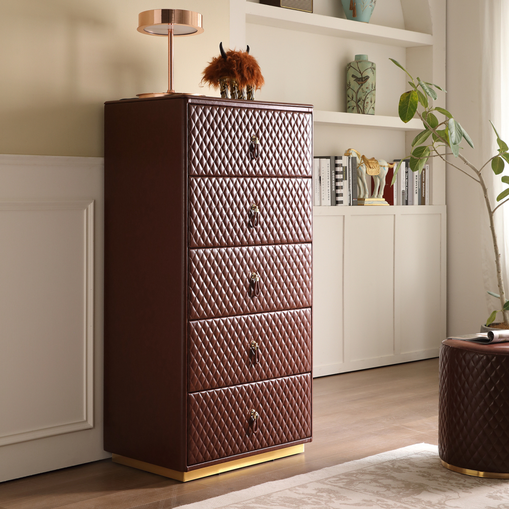 FUKAYI Faux Oil Waxed Leather Chest of Drawers for Bedroom Tall Dresser with 5 Drawer Storage Organizer Storage Tower Organizer Dresser for Living Room, Hallway, Entryway, Closets, Dark Brown