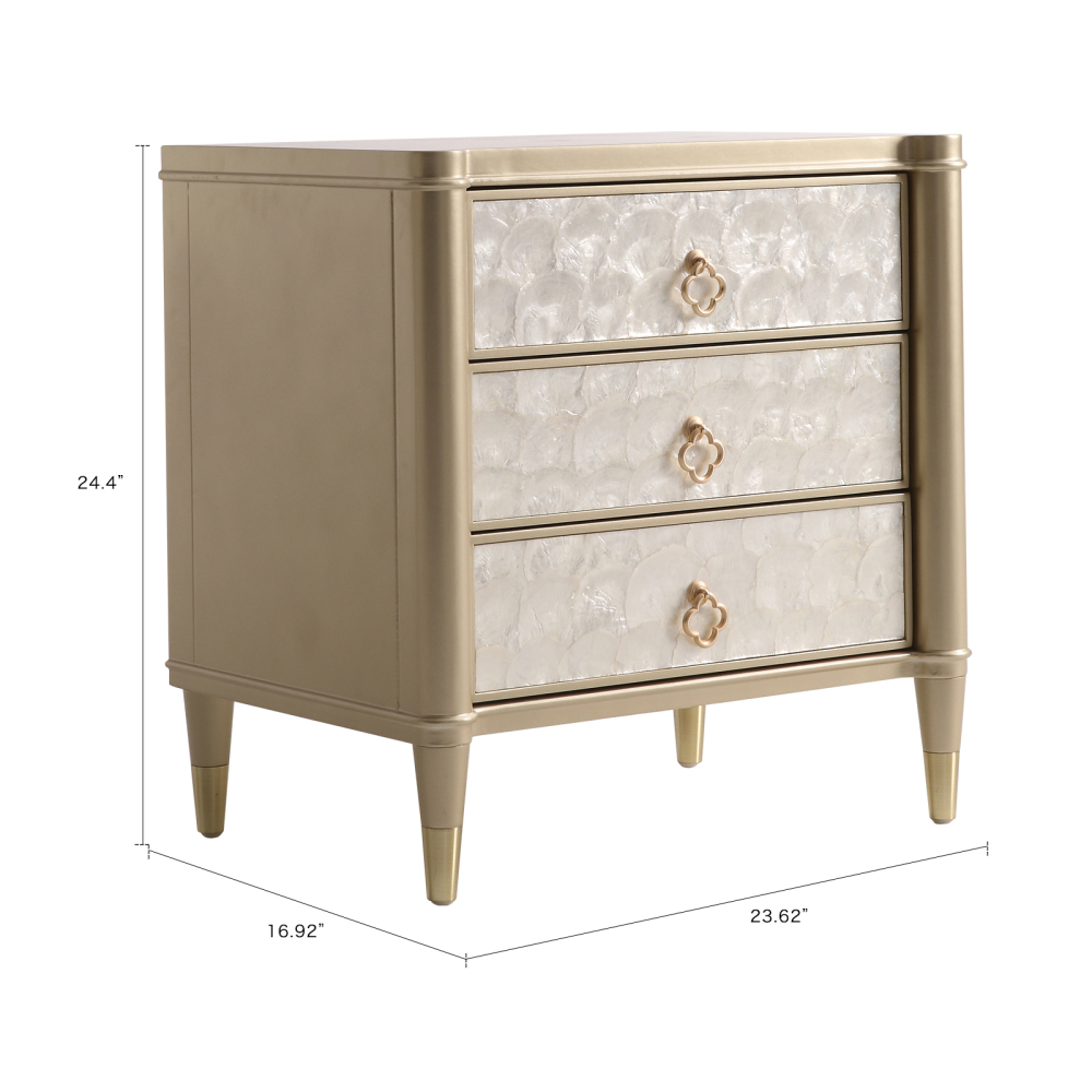 FUKAYI Luxury Nightstand with 3 Storage Drawers Mother of Pearl Inlay Bedside Table Night Stand for Bedroom End Table Side Table for Living Room, Entryway, Champagne