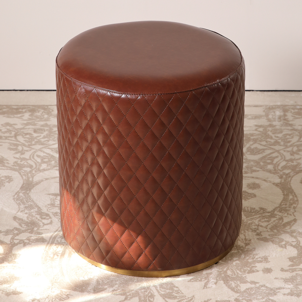 FUKAYI Faux Oil Waxed Leather Vanity Stool Chair for Makeup Room Round Dark Brown Leather Ottoman Foot Rest Stool for Living Room Silla para Vanity de Maquillaje Vanity Seat, Dark Brown
