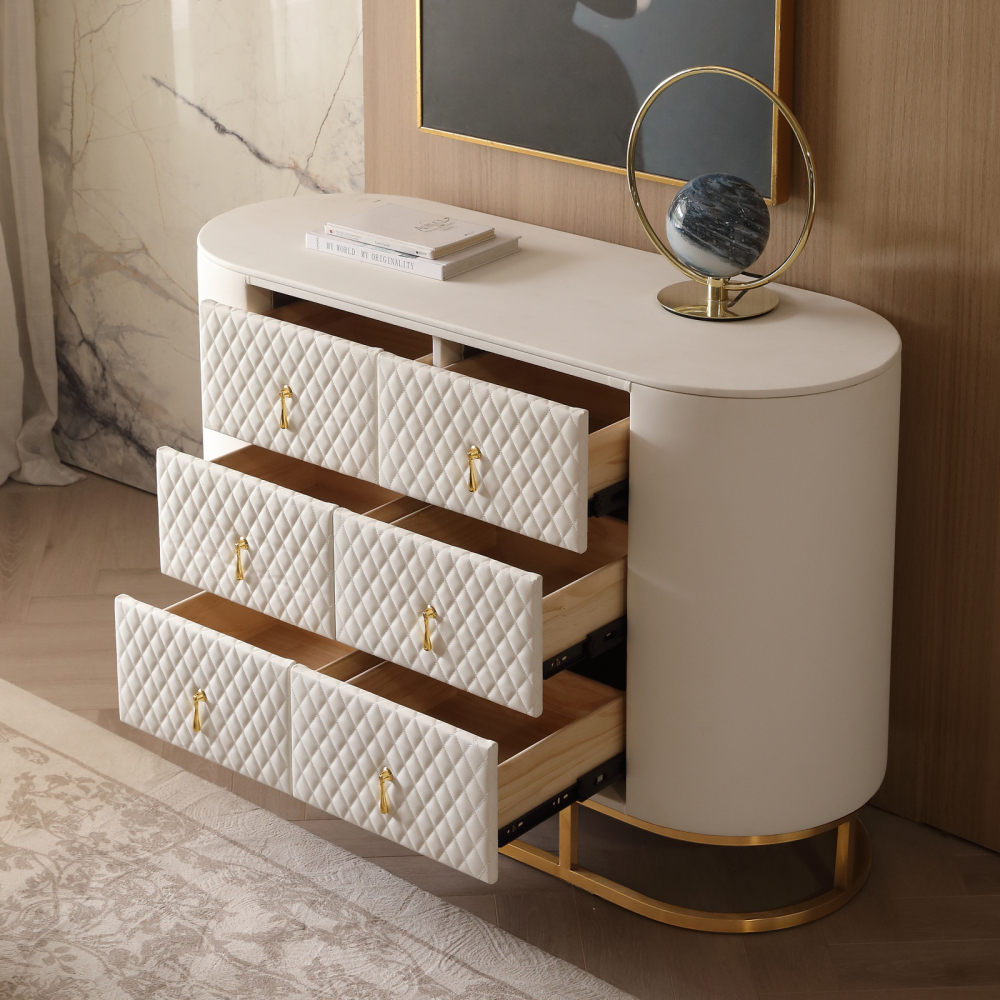 FUKAYI Luxury Faux Leather 6 Drawer Dresser for Bedroom Wide Double Dresser with Drawers Storage Closet Organizers Unit for Living Room, Hallway, Entryway, White