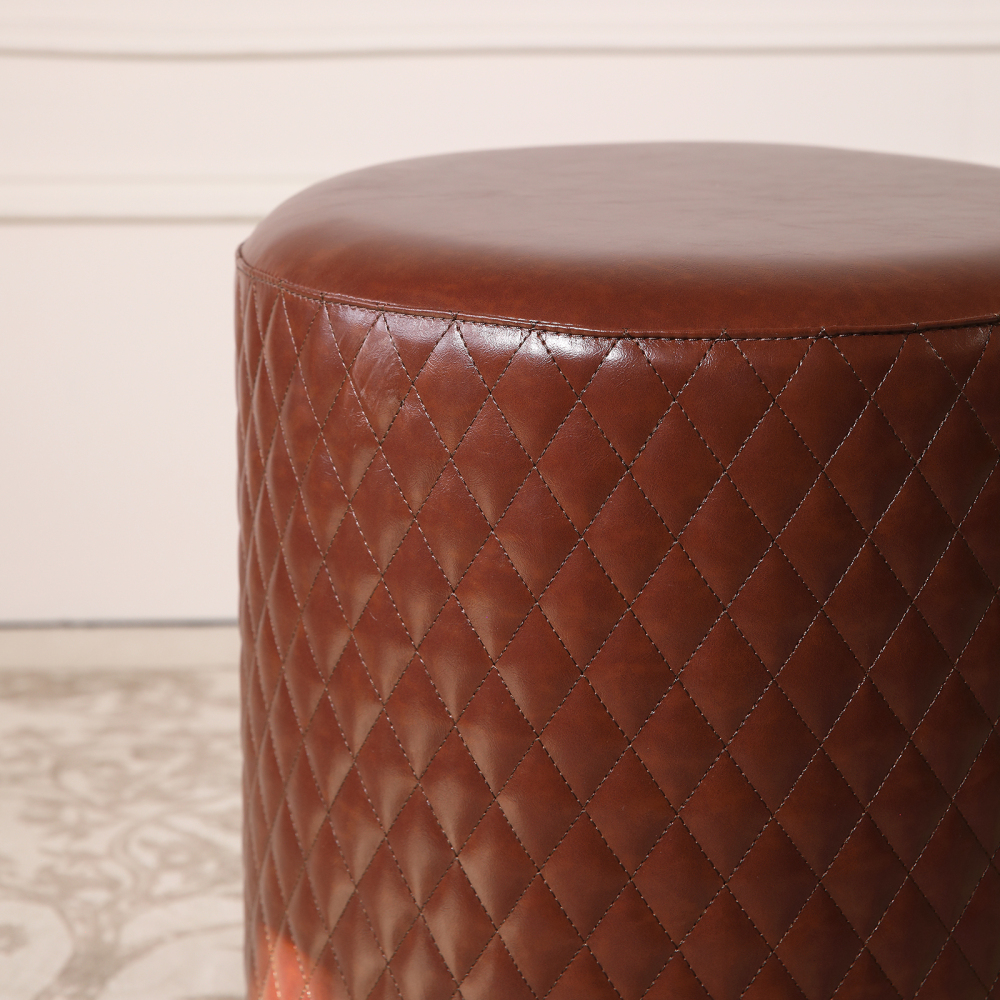 FUKAYI Faux Oil Waxed Leather Vanity Stool Chair for Makeup Room Round Dark Brown Leather Ottoman Foot Rest Stool for Living Room Silla para Vanity de Maquillaje Vanity Seat, Dark Brown