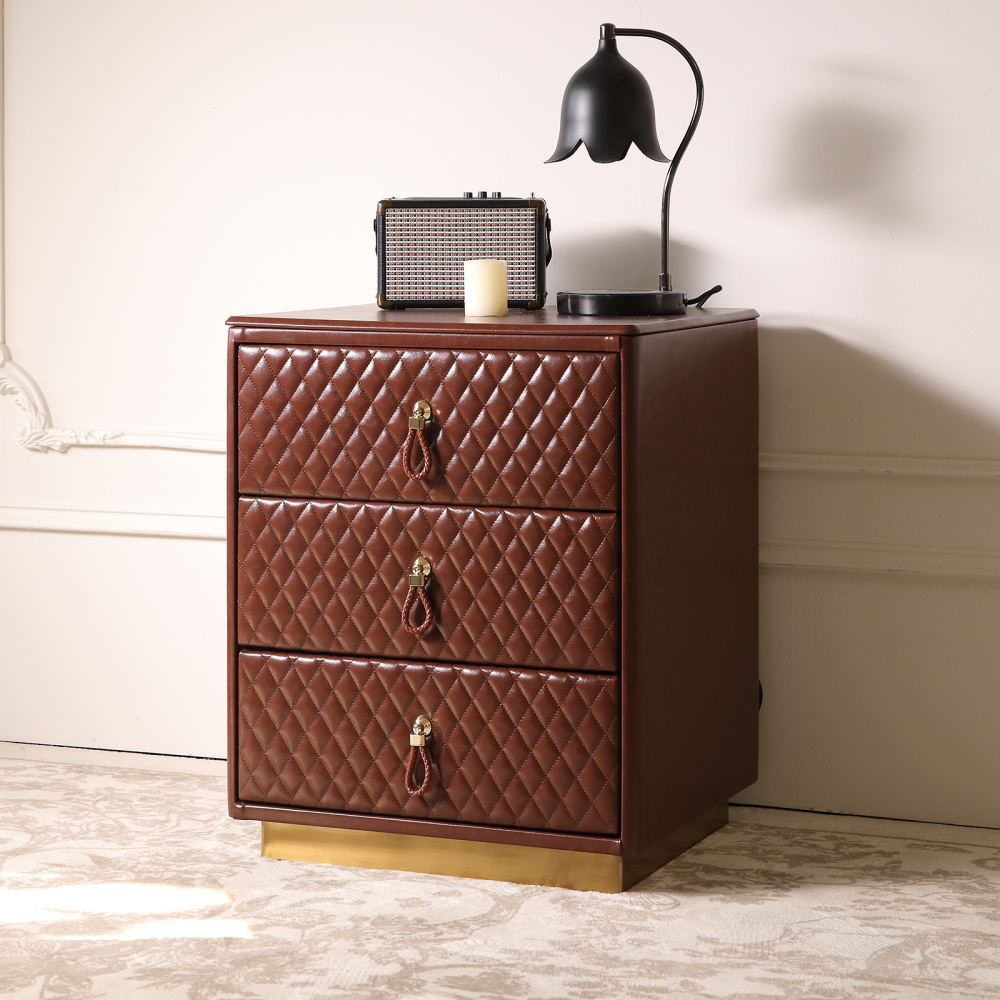 FUKAYI Faux Oil Waxed Leather Bedside Table for Bedroom Nightstand Small Dresser with 3 Storage Drawers Night Stand for Bedroom End Table Side Table for Living Room Entryway, Dark Brown