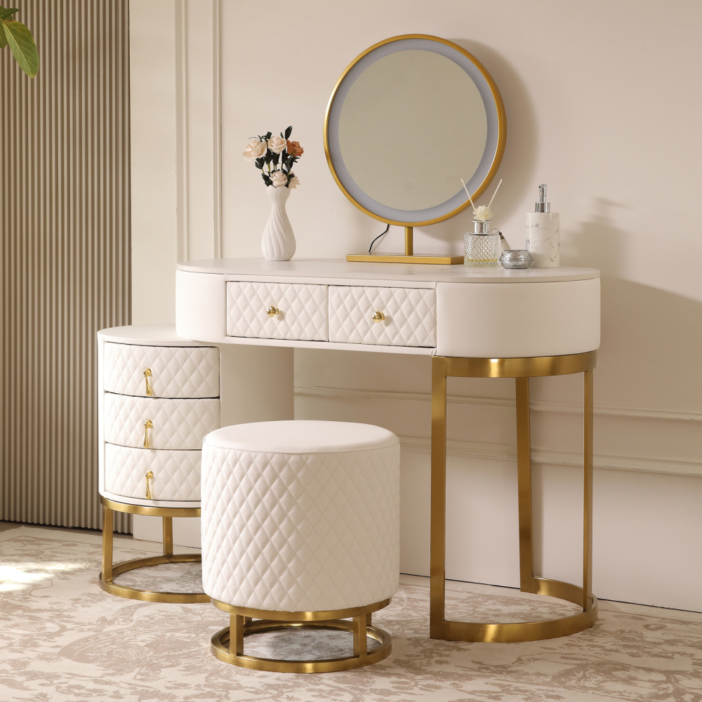 FUKAYI Modern Makeup Vanity - Vanity Desk with Mirror and Lights Stool, Make Up Vanity Station with 5 Drawers, Vanity Table Set, Gift for Her