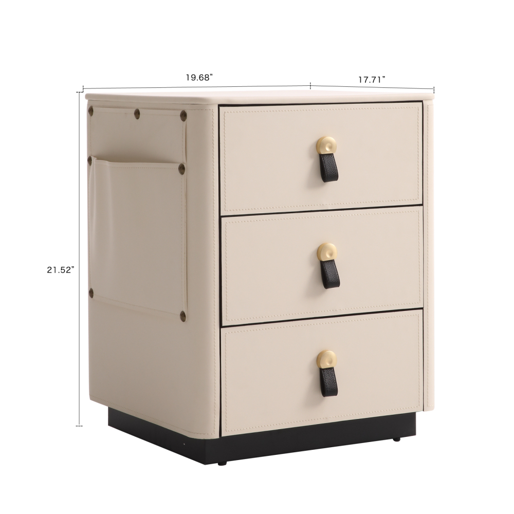 FUKAYI Faux Saddle Leather Nightstand with Side Storage Pocket 3 Drawer Dresser for Bedroom Bedside Table End Table Side Table for Living Room,Entryway, White
