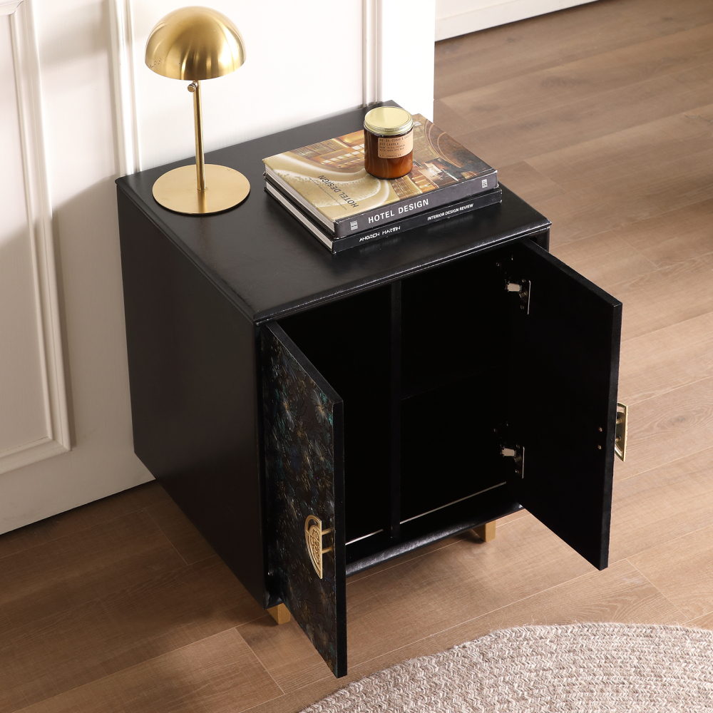 FUKAYI Vintage Bedside Table for Bedroom Nightstand with Storage Drawers Hand-Painted Floral Pattern Night Stand for Bedroom End Table Side Table for Living Room, Entryway,Black