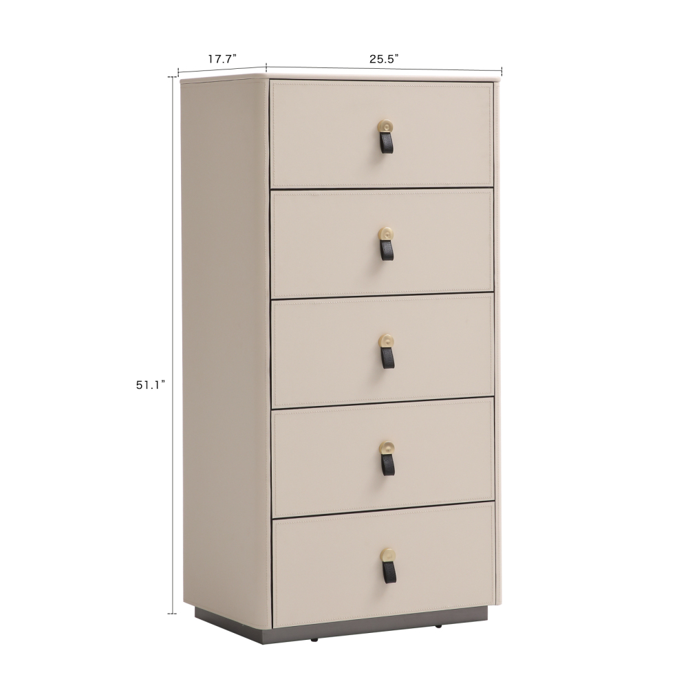 FUKAYI Faux Saddle Leather Tall Dresser for Bedroom with 5 Drawers Chest of Drawers Storage Tower Organizer Dresser for Living Room, Hallway, Entryway, Closets, White