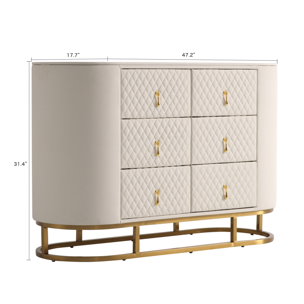 FUKAYI Luxury Faux Leather 6 Drawer Dresser for Bedroom Wide Double Dresser with Drawers Storage Closet Organizers Unit for Living Room, Hallway, Entryway, White