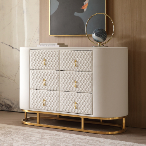 FUKAYI Luxury Faux Leather 6 Drawer Dresser for Bedroom Wide Double Dresser with Drawers Storage Closet Organizers Unit for Living Room, Hallway, Entryway, White