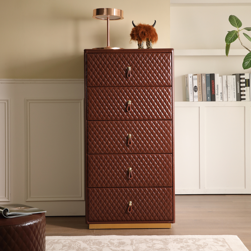 FUKAYI Faux Oil Waxed Leather Chest of Drawers for Bedroom Tall Dresser with 5 Drawer Storage Organizer Storage Tower Organizer Dresser for Living Room, Hallway, Entryway, Closets, Dark Brown