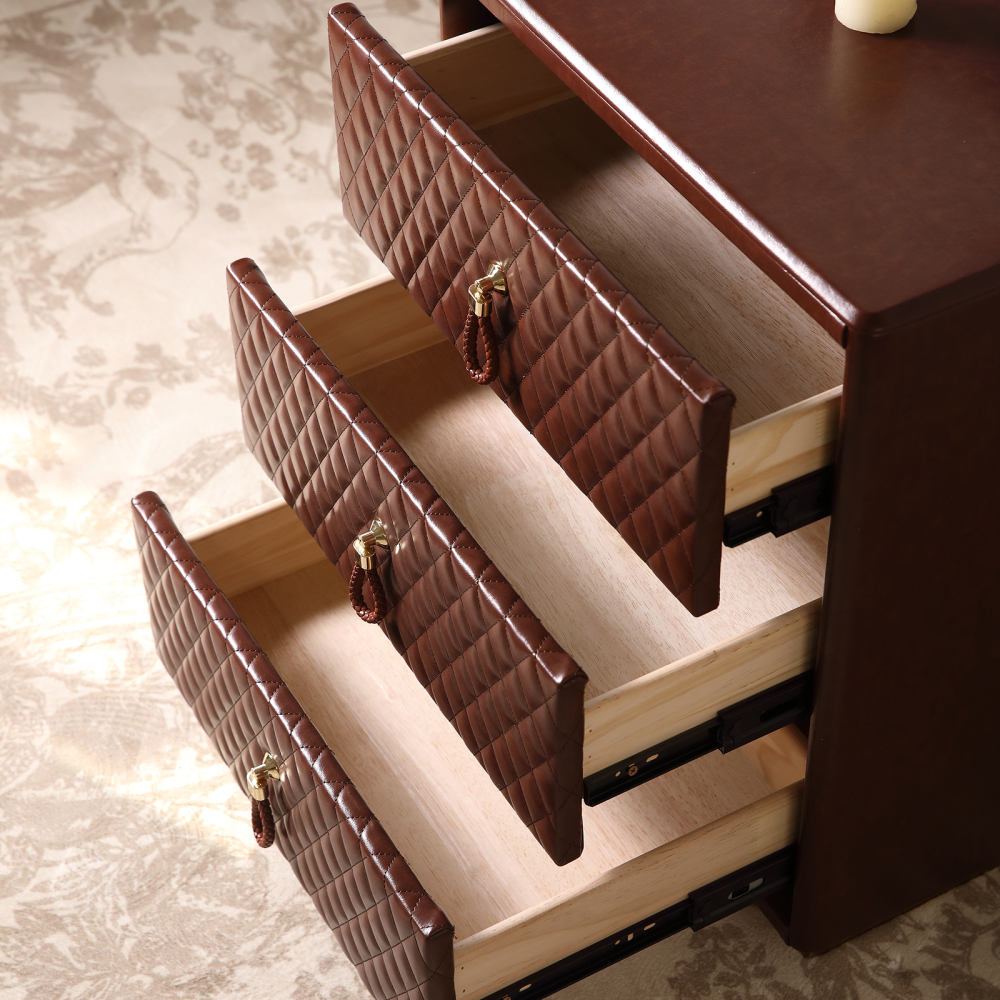 FUKAYI Faux Oil Waxed Leather Bedside Table for Bedroom Nightstand Small Dresser with 3 Storage Drawers Night Stand for Bedroom End Table Side Table for Living Room Entryway, Dark Brown