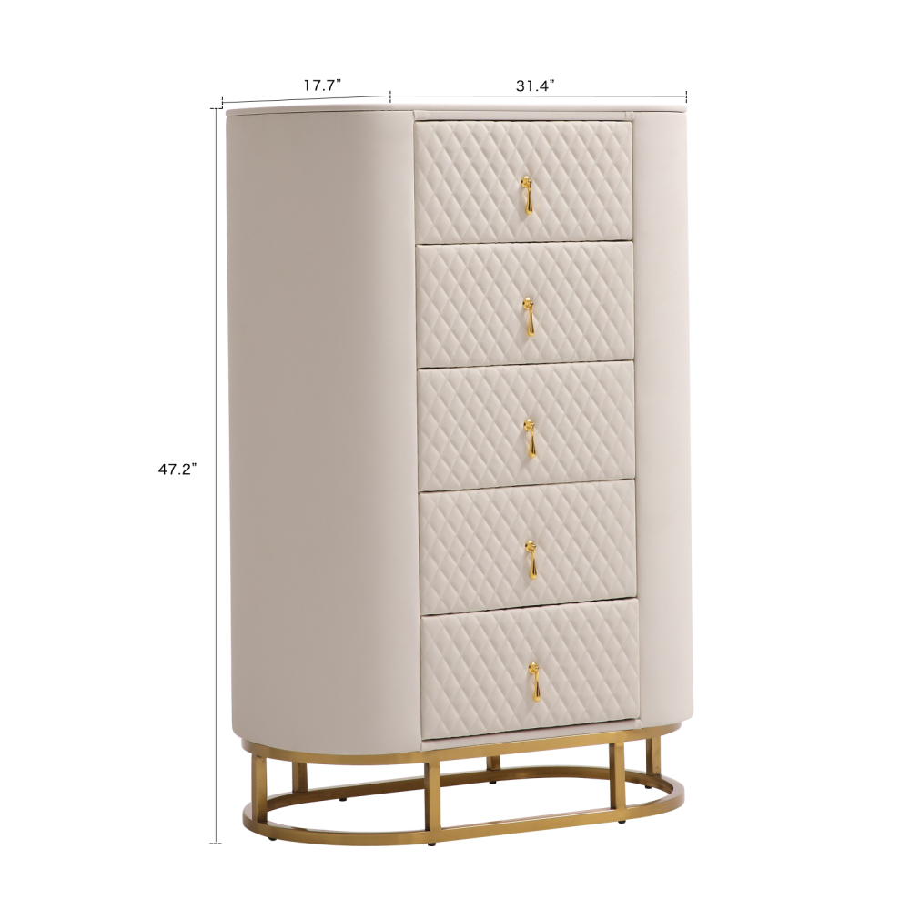 FUKAYI Faux Leather Tall Dresser for Bedroom with 5 Drawers Chest of Drawers Storage Tower Organizer Dresser for Living Room, Hallway, Entryway, Closets, White