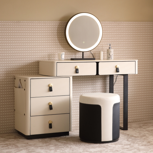 FUKAYI Faux Saddle Leather Makeup Vanity Desk Set with 5 Drawers & Side Storage Bag Dressing Table with Lighted Mirror, White