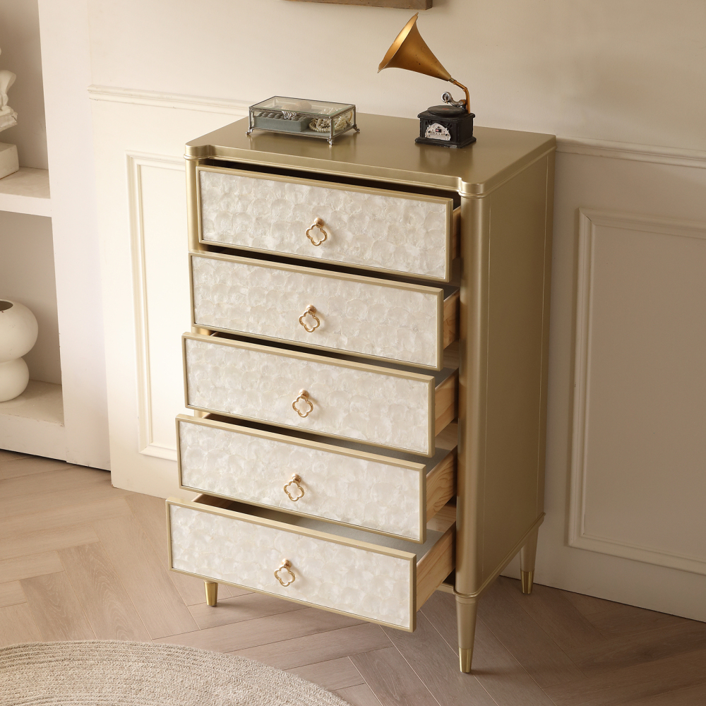 FUKAYI Mother of Pearl Inlay Tall Dresser for Bedroom with 5 Drawers Chest of Drawers Storage Tower Organizer Dresser for Living Room, Hallway, Entryway, Closets, Champagne