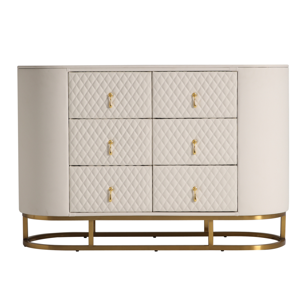 FUKAYI Luxury Faux Leather 6 Drawer Dresser for Bedroom Wide Double Dresser with Drawers Storage Closet Organizers Unit for Living Room, Hallway, Entryway, White