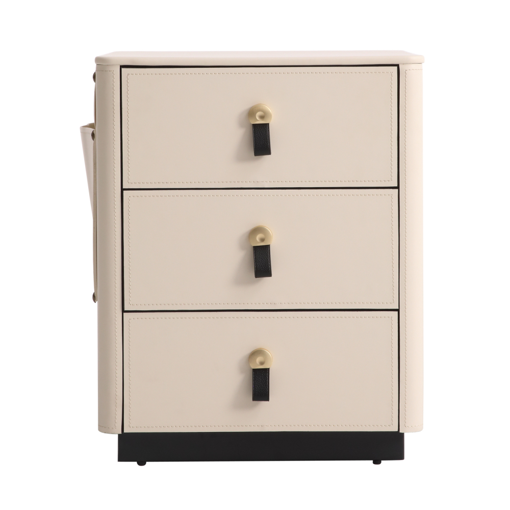 FUKAYI Faux Saddle Leather Nightstand with Side Storage Pocket 3 Drawer Dresser for Bedroom Bedside Table End Table Side Table for Living Room,Entryway, White