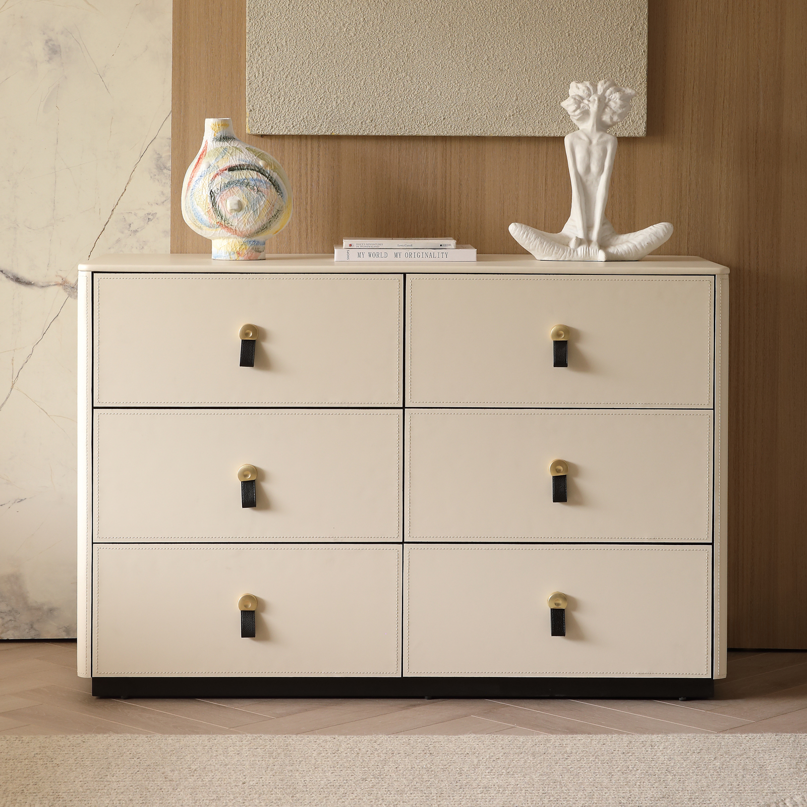 FUKAYI Faux Saddle Leather Dresser for Bedroom with 6 Drawers Double Dresser Storage Tower Organizer Unit for Living Room, Hallway, Entryway, Closets, White