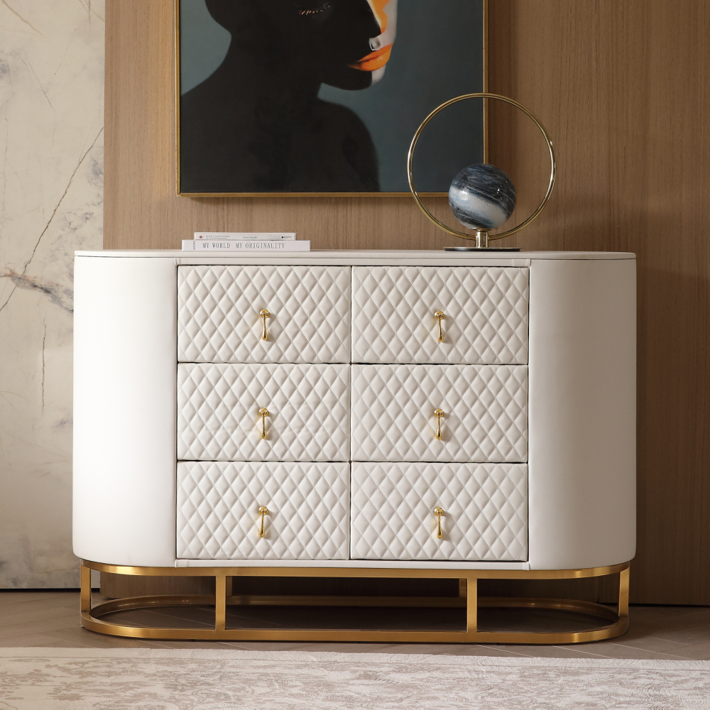 FUKAYI Luxury Faux Leather 6 Drawer Dresser for Bedroom Wide Double Dresser with Drawers Storage Closet Organizers Unit for Living Room, Hallway, Entryway, White
