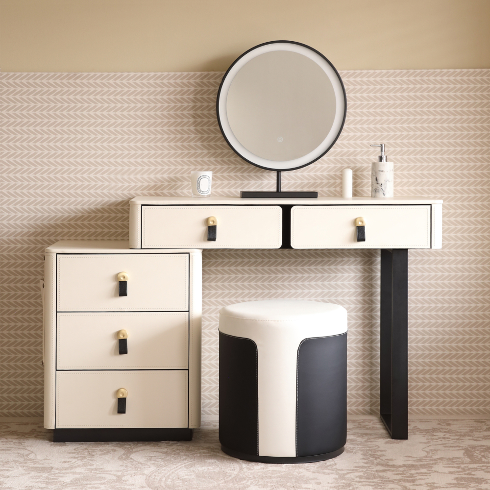 FUKAYI Faux Saddle Leather Makeup Vanity Desk Set with 5 Drawers & Side Storage Bag Dressing Table with Lighted Mirror, White