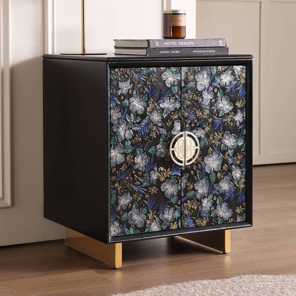 FUKAYI Vintage Bedside Table for Bedroom Nightstand with Storage Drawers Hand-Painted Floral Pattern Night Stand for Bedroom End Table Side Table for Living Room, Entryway,Black