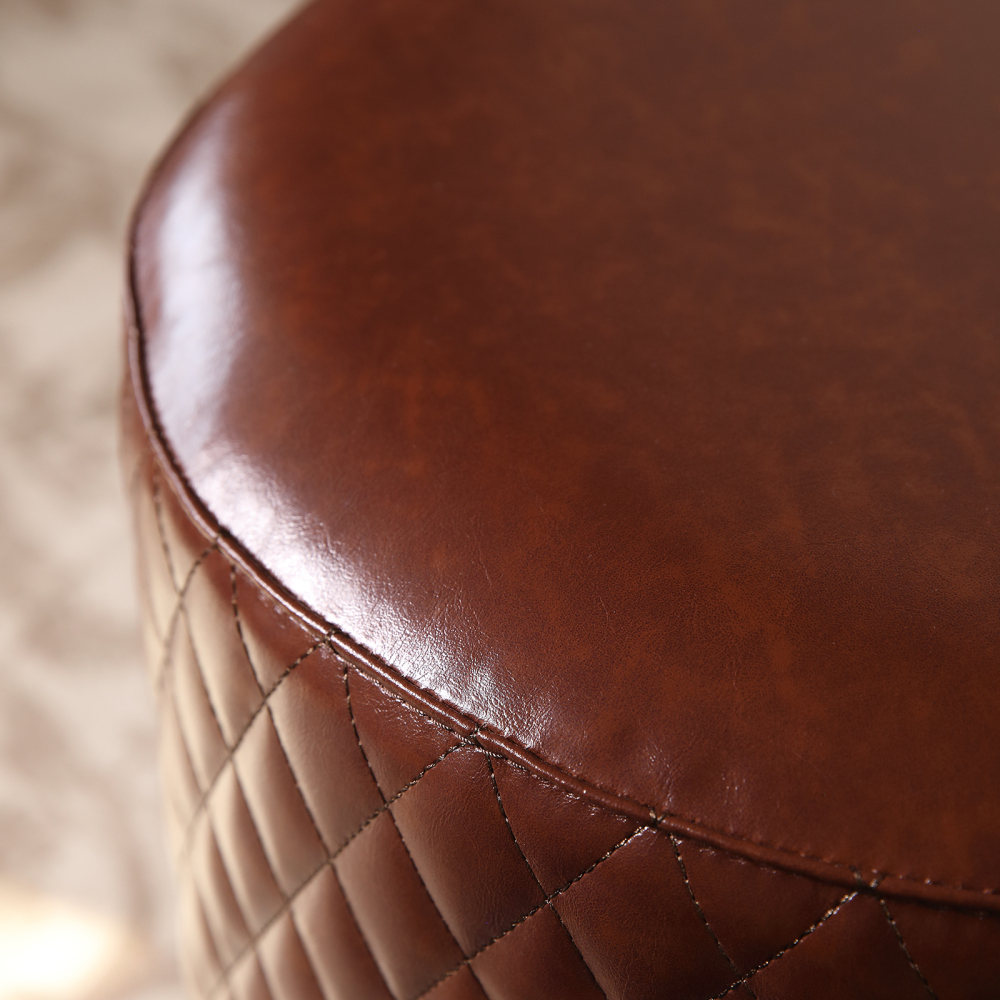 FUKAYI Faux Oil Waxed Leather Vanity Stool Chair for Makeup Room Round Dark Brown Leather Ottoman Foot Rest Stool for Living Room Silla para Vanity de Maquillaje Vanity Seat, Dark Brown