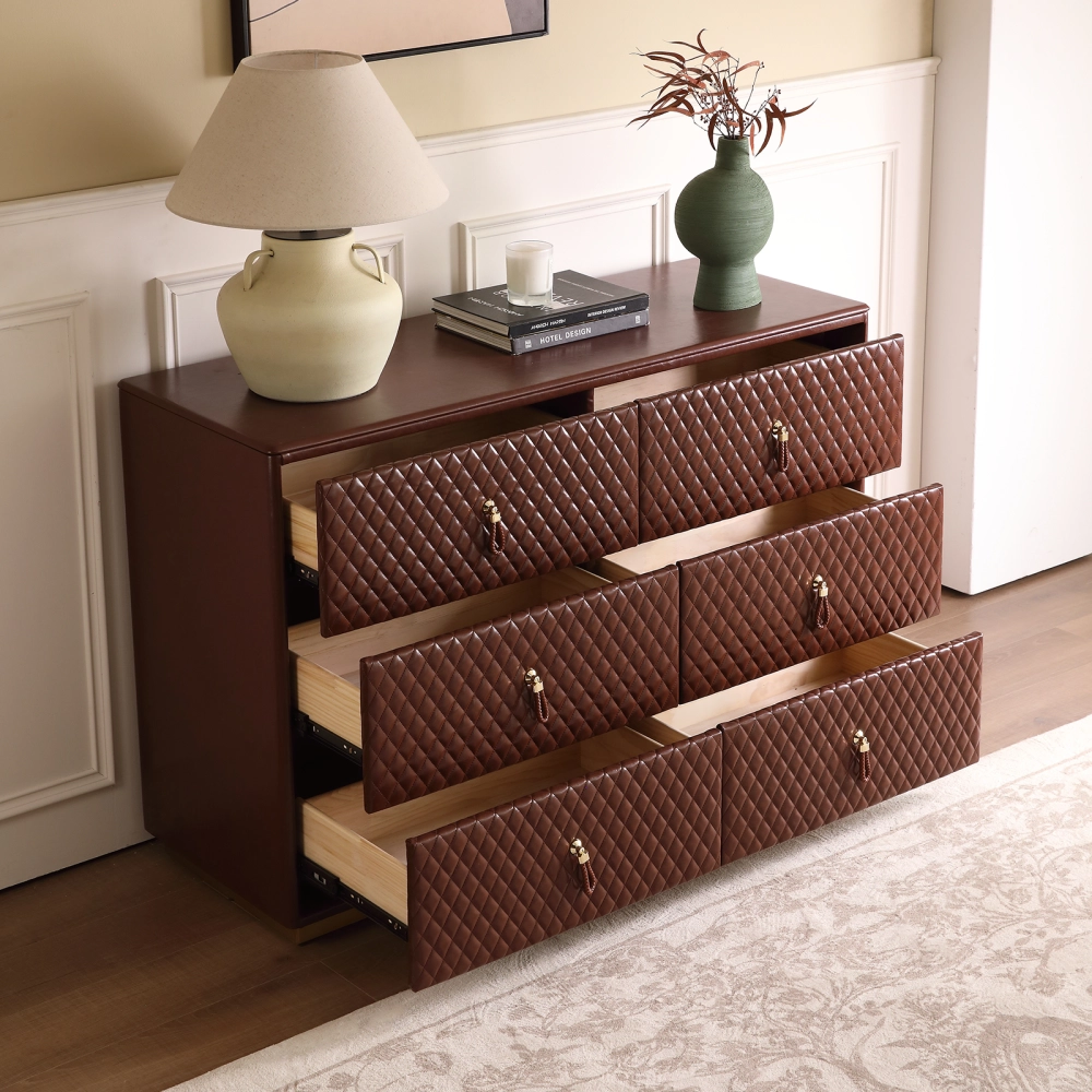 FUKAYI Faux Oil Waxed Leather Dresser for Bedroom with 6 Drawers Double  Dresser Storage Tower Organizer