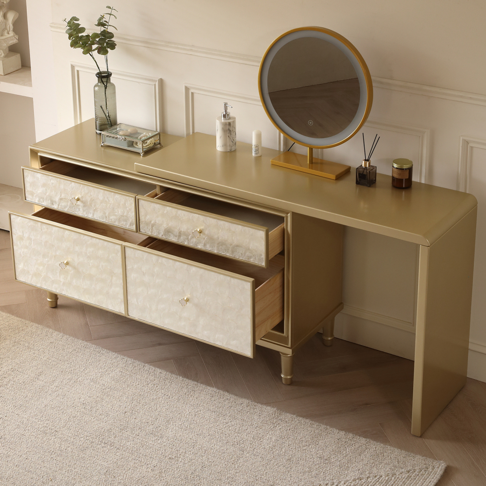 FUKAYI Vanity Desk Dressing Table with 4 Drawers LED Lighted Makeup Vanity Mirror Vanity Table with Stool, Champagne