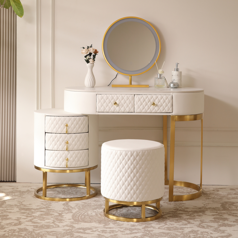 FUKAYI Modern Makeup Vanity - Vanity Desk with Mirror and Lights Stool, Make Up Vanity Station with 5 Drawers, Vanity Table Set, Gift for Her