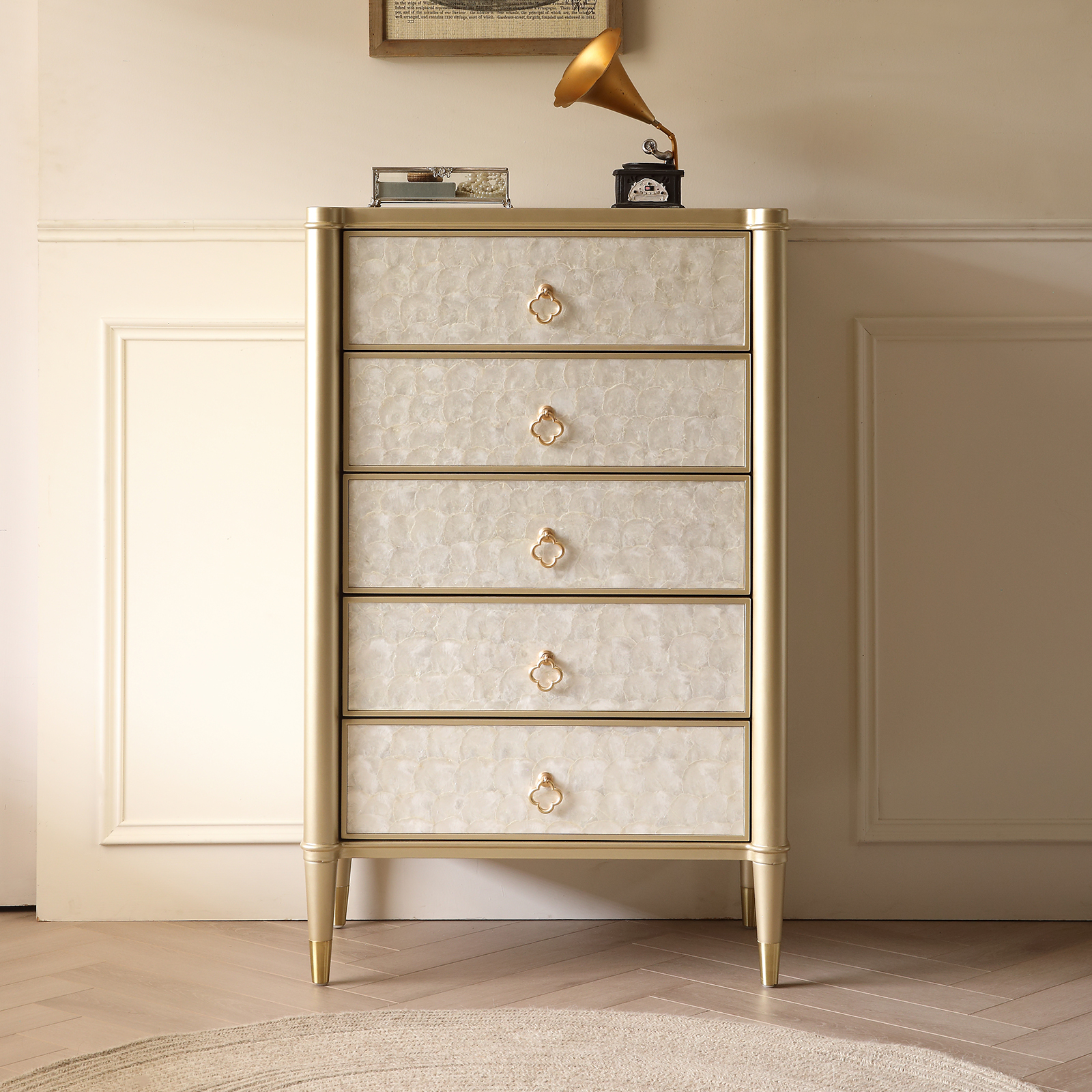 FUKAYI Mother of Pearl Inlay Tall Dresser for Bedroom with 5