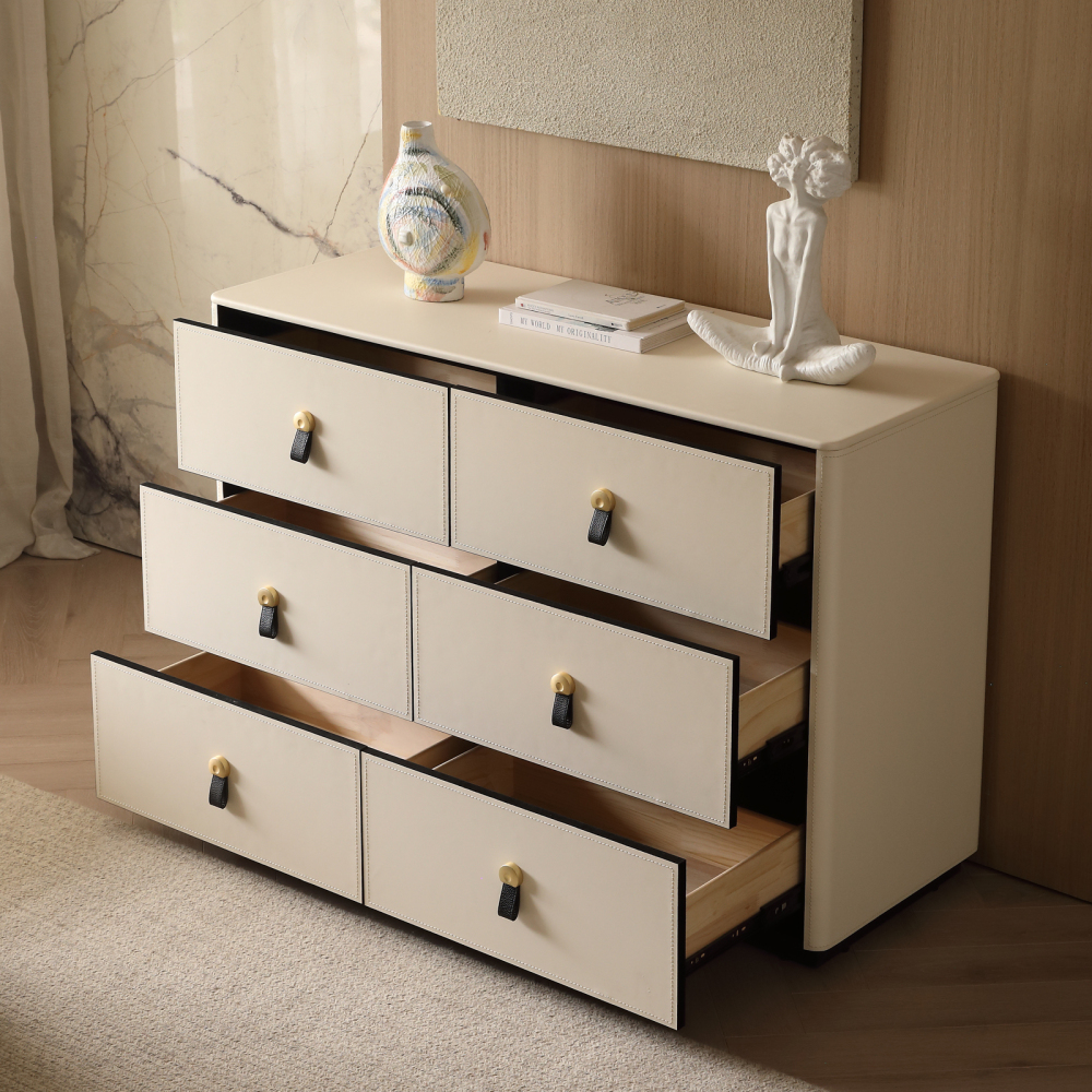 FUKAYI Faux Saddle Leather Dresser for Bedroom with 6 Drawers Double Dresser Storage Tower Organizer Unit for Living Room, Hallway, Entryway, Closets, White