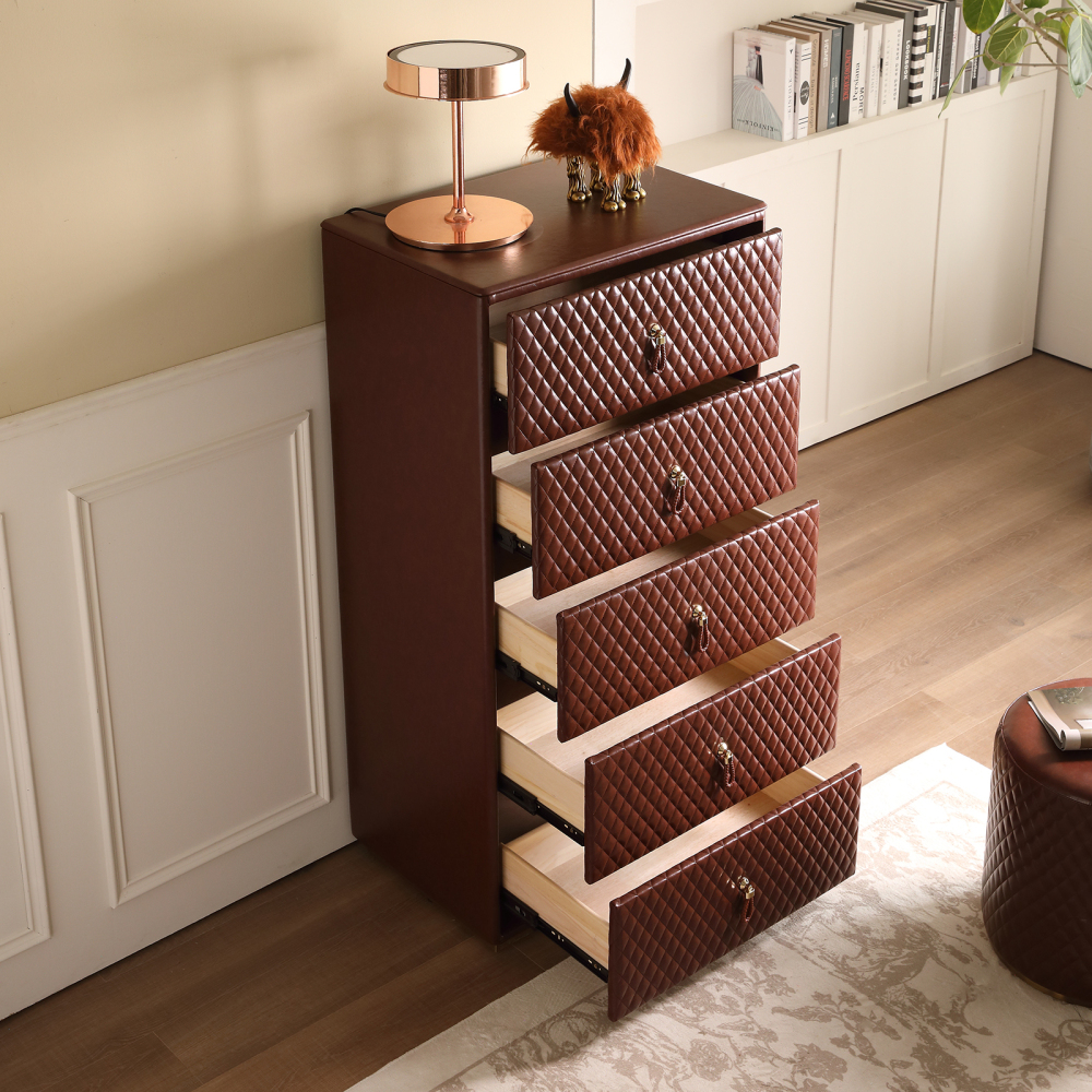 FUKAYI Faux Oil Waxed Leather Chest of Drawers for Bedroom Tall Dresser with 5 Drawer Storage Organizer Storage Tower Organizer Dresser for Living Room, Hallway, Entryway, Closets, Dark Brown