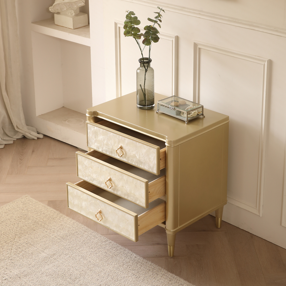 FUKAYI Luxury Nightstand with 3 Storage Drawers Mother of Pearl Inlay Bedside Table Night Stand for Bedroom End Table Side Table for Living Room, Entryway, Champagne