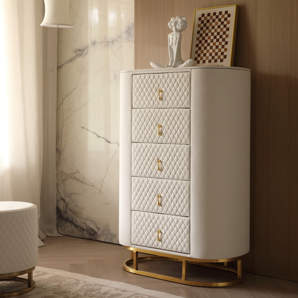FUKAYI Faux Leather Tall Dresser for Bedroom with 5 Drawers Chest of Drawers Storage Tower Organizer Dresser for Living Room, Hallway, Entryway, Closets, White