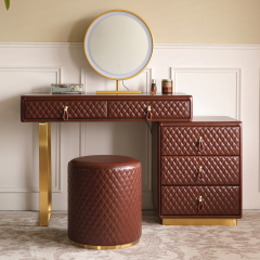 FUKAYI Oil Waxed Leather Makeup Vanity Desk Set with 5 Drawers & Stool Dressing Table with Lighted Mirror, Brown