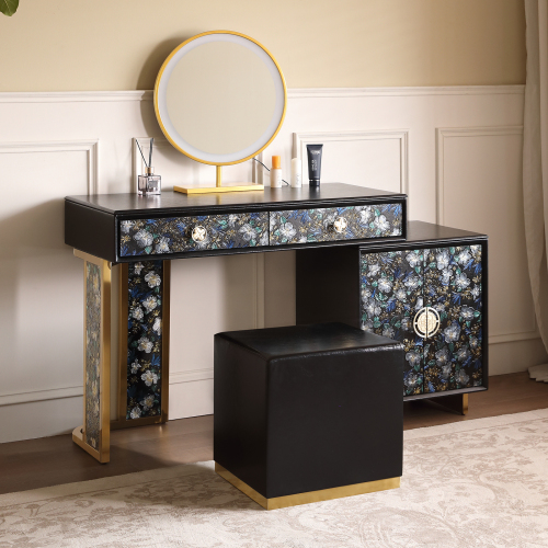 FUKAYI Makeup Vanity Desk with Hand-Painted Floral Dressing Table with Storage Drawers LED Lighted Vanity Mirror Vanity Table with Stool, Black