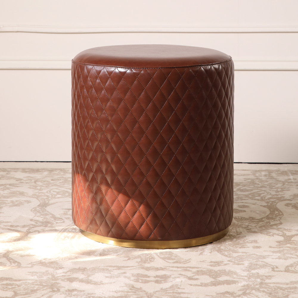FUKAYI Faux Oil Waxed Leather Vanity Stool Chair for Makeup Room Round Dark Brown Leather Ottoman Foot Rest Stool for Living Room Silla para Vanity de Maquillaje Vanity Seat, Dark Brown