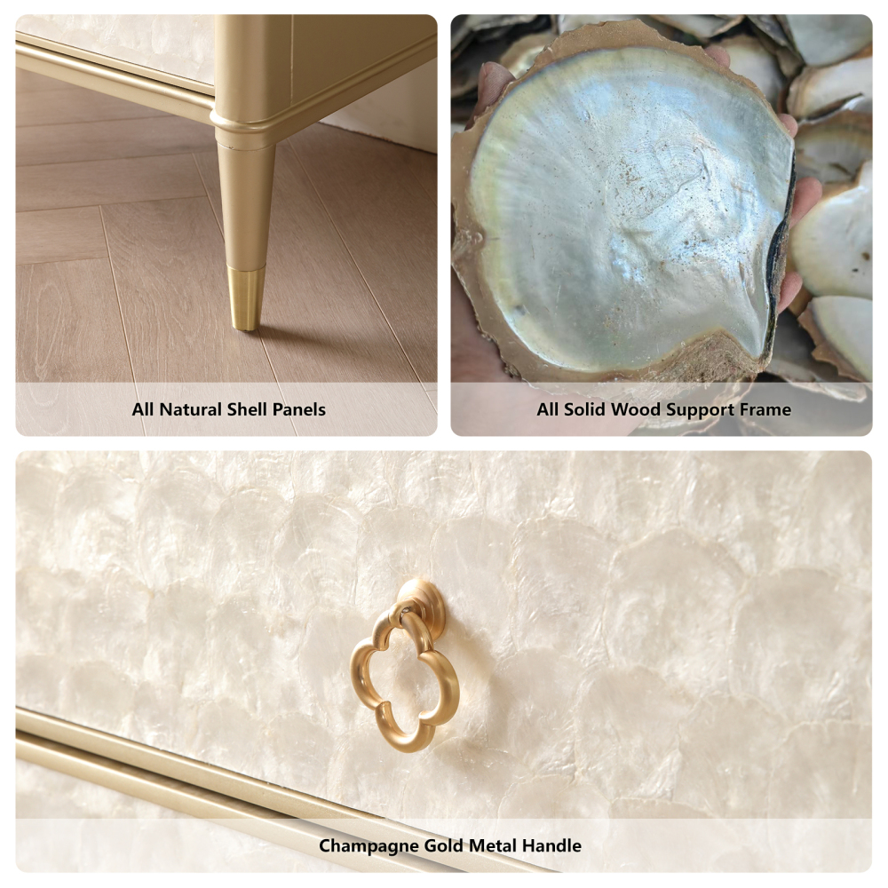 FUKAYI Luxury Nightstand with 3 Storage Drawers Mother of Pearl Inlay Bedside Table Night Stand for Bedroom End Table Side Table for Living Room, Entryway, Champagne